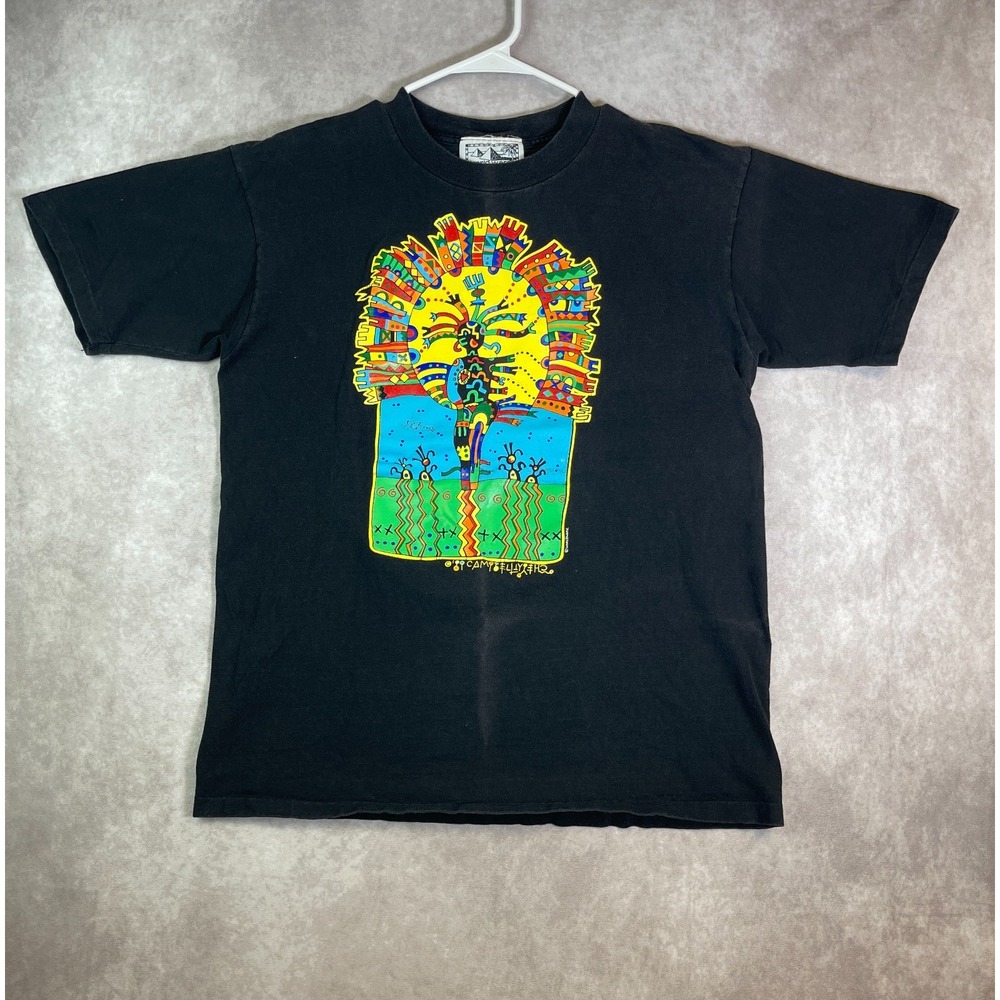 VINTAGE Huichol Shirt Adult XL Black Aztec Art Worldware Graphic Tee USA Made